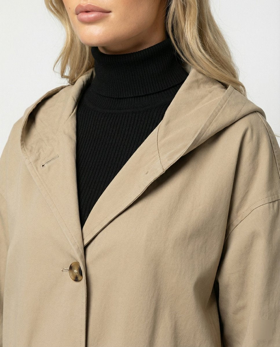Dames Lange Waterafstotende Trenchcoat met Capuchon en Knoopsluiting