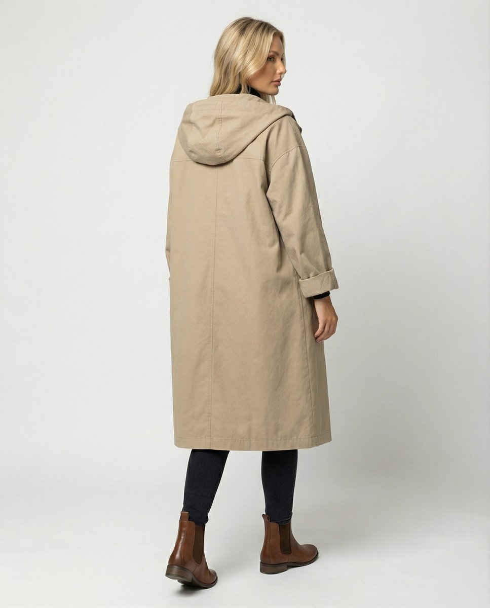 Dames Lange Waterafstotende Trenchcoat met Capuchon en Knoopsluiting