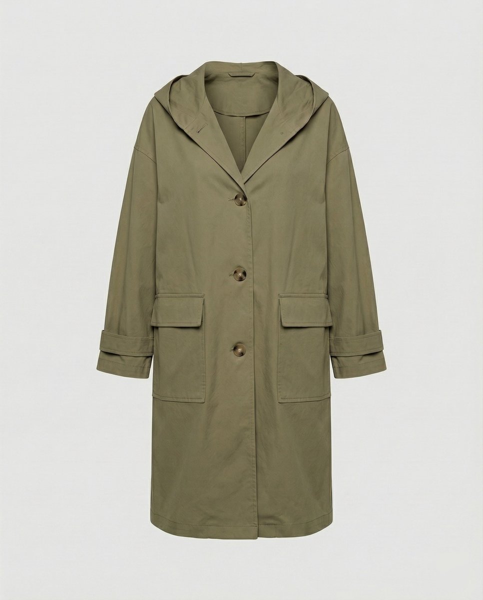 Dames Lange Waterafstotende Trenchcoat met Capuchon en Knoopsluiting