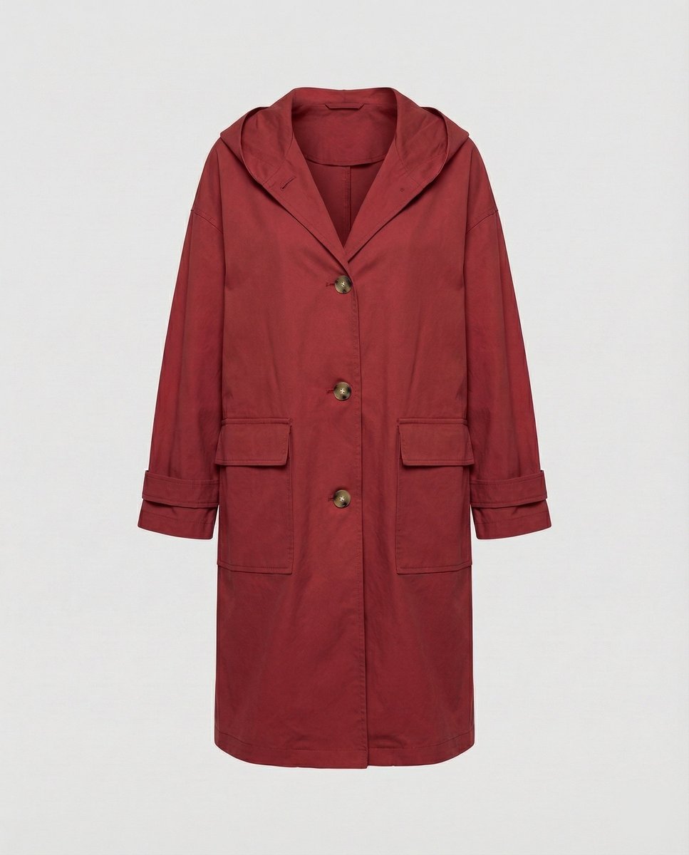 Dames Lange Waterafstotende Trenchcoat met Capuchon en Knoopsluiting