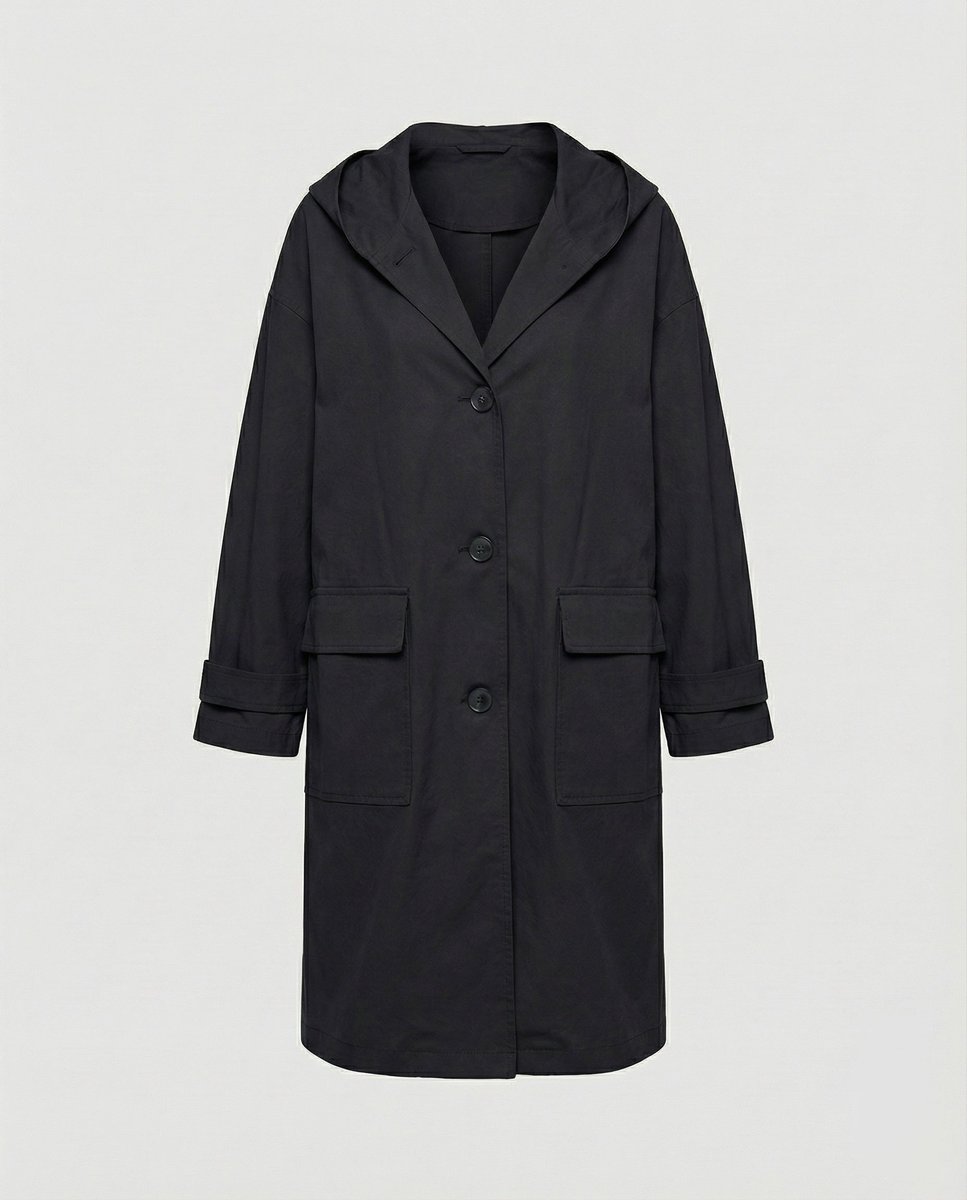 Dames Lange Waterafstotende Trenchcoat met Capuchon en Knoopsluiting