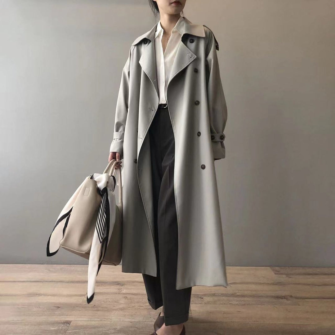 Dames Lange Waterafstotende Trenchcoat met Dubbele Knoopsluiting en Reverskraag