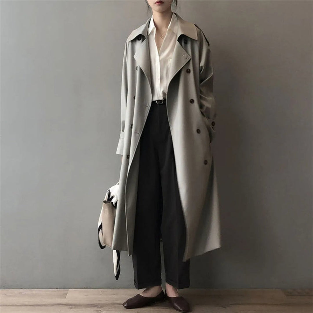 Dames Lange Waterafstotende Trenchcoat met Dubbele Knoopsluiting en Reverskraag