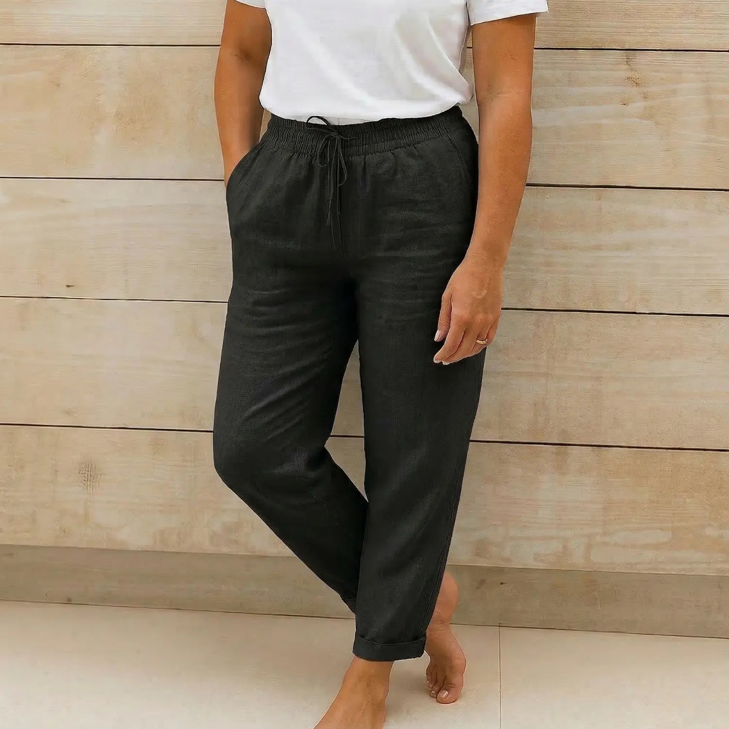 Dames Linnen Broek met Elastische Tailleband en Trekkoord