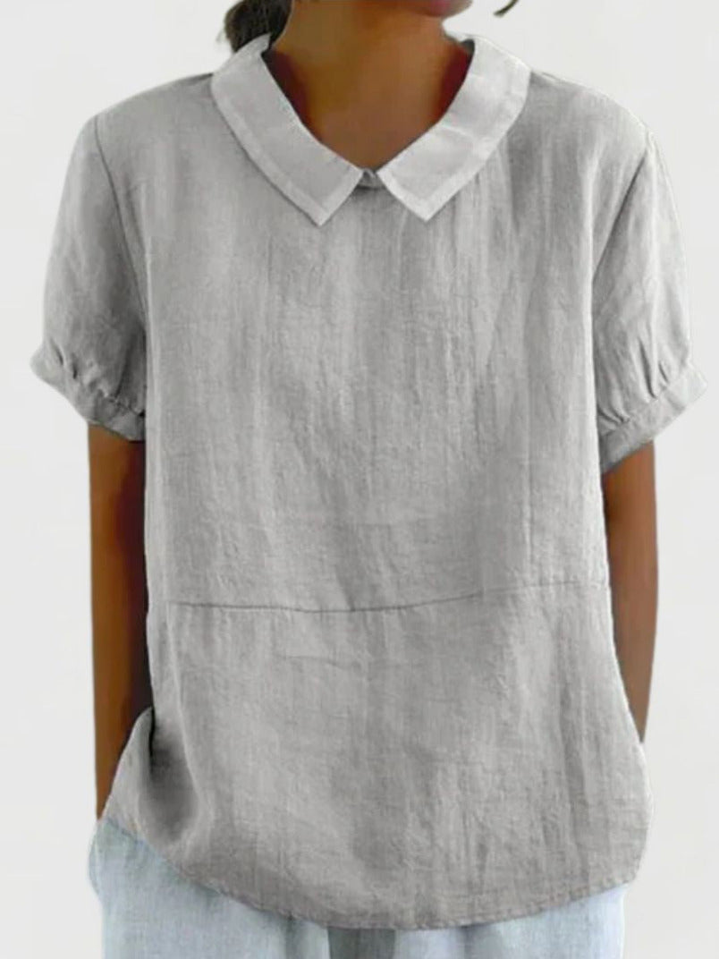 Dames Linnen Zomerblouse met Peter Pan Kraag en Korte Mouwen
