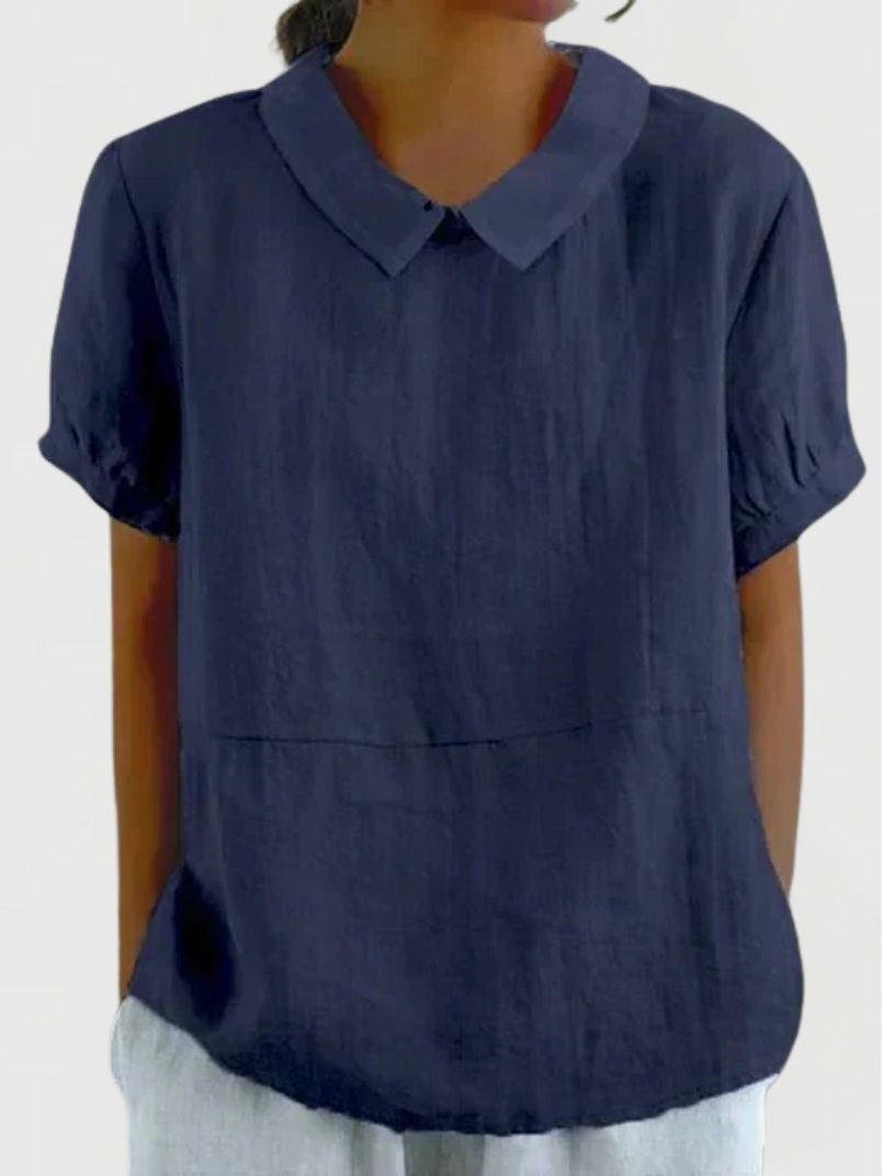 Dames Linnen Zomerblouse met Peter Pan Kraag en Korte Mouwen