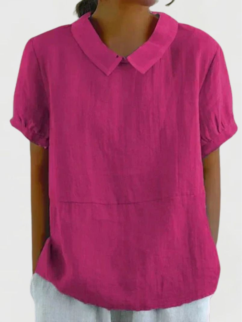 Dames Linnen Zomerblouse met Peter Pan Kraag en Korte Mouwen