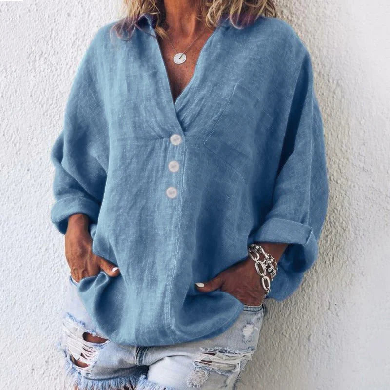 Dames Linnen Zomerblouse met V-hals en Lange Mouwen