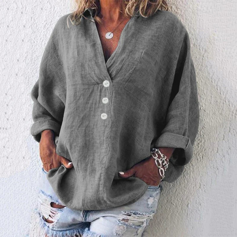 Dames Linnen Zomerblouse met V-hals en Lange Mouwen