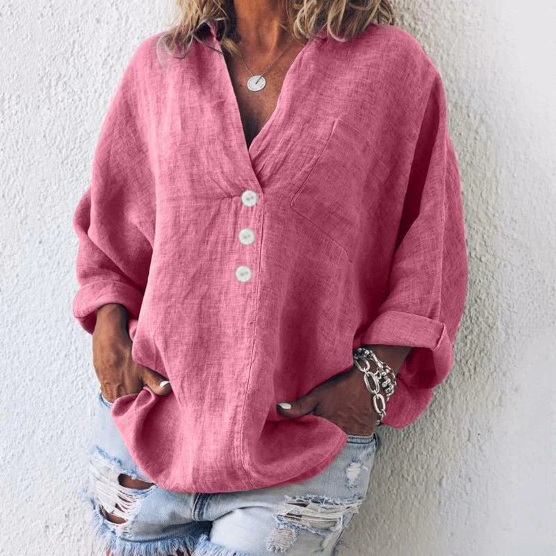 Dames Linnen Zomerblouse met V-hals en Lange Mouwen