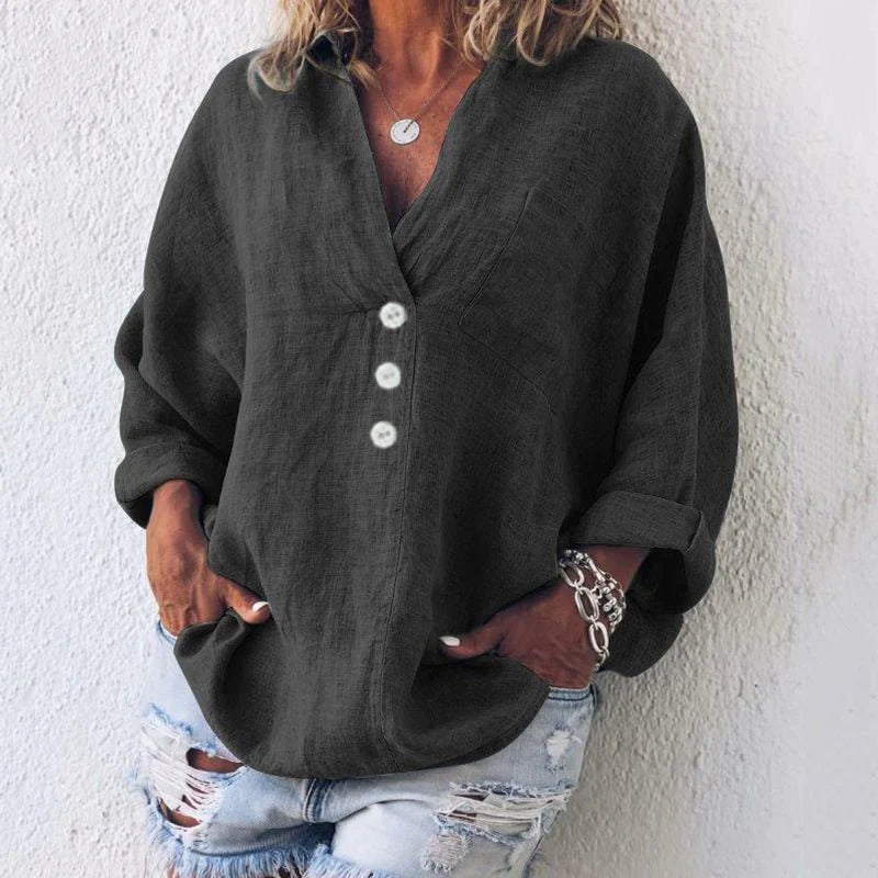 Dames Linnen Zomerblouse met V-hals en Lange Mouwen