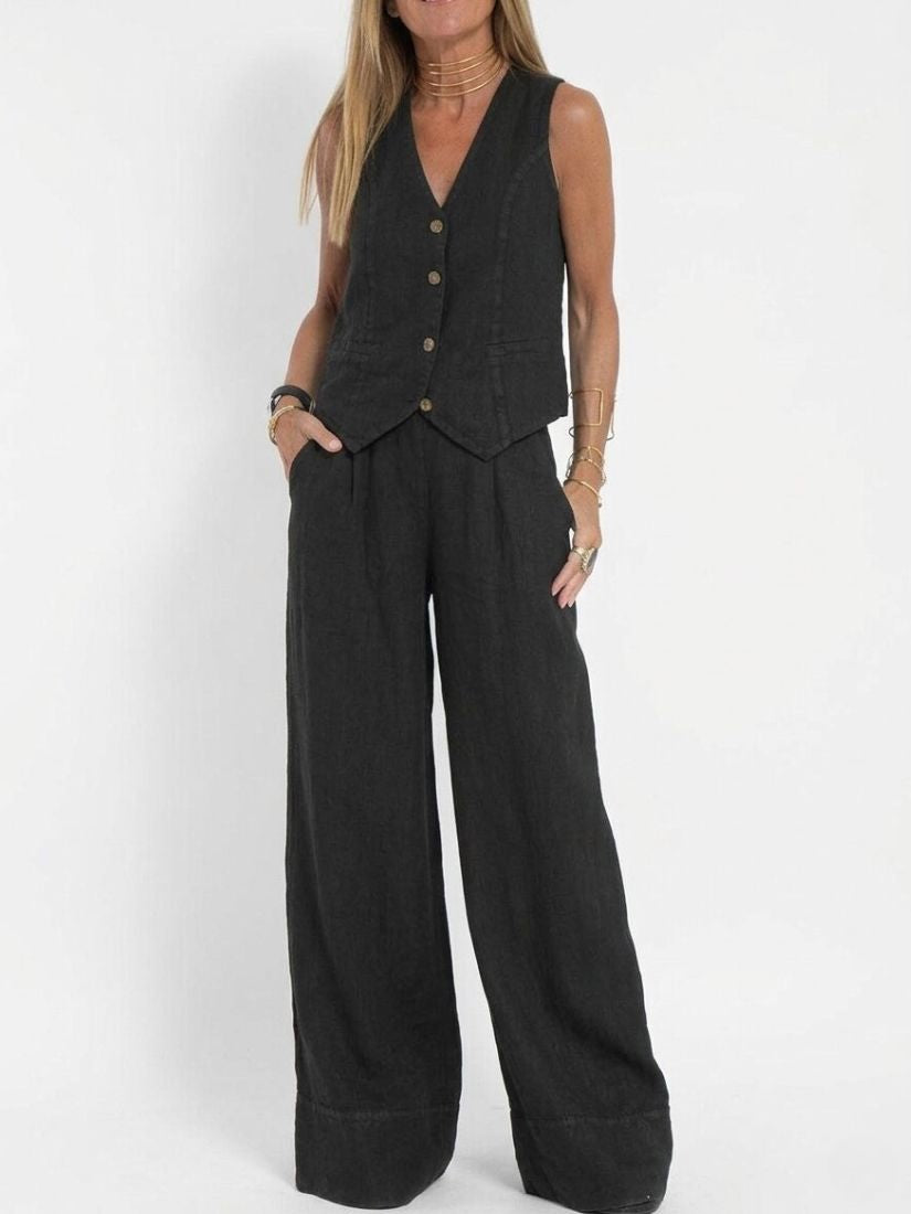 Dames Linnenmix Set met Gilet en Wijde Broek