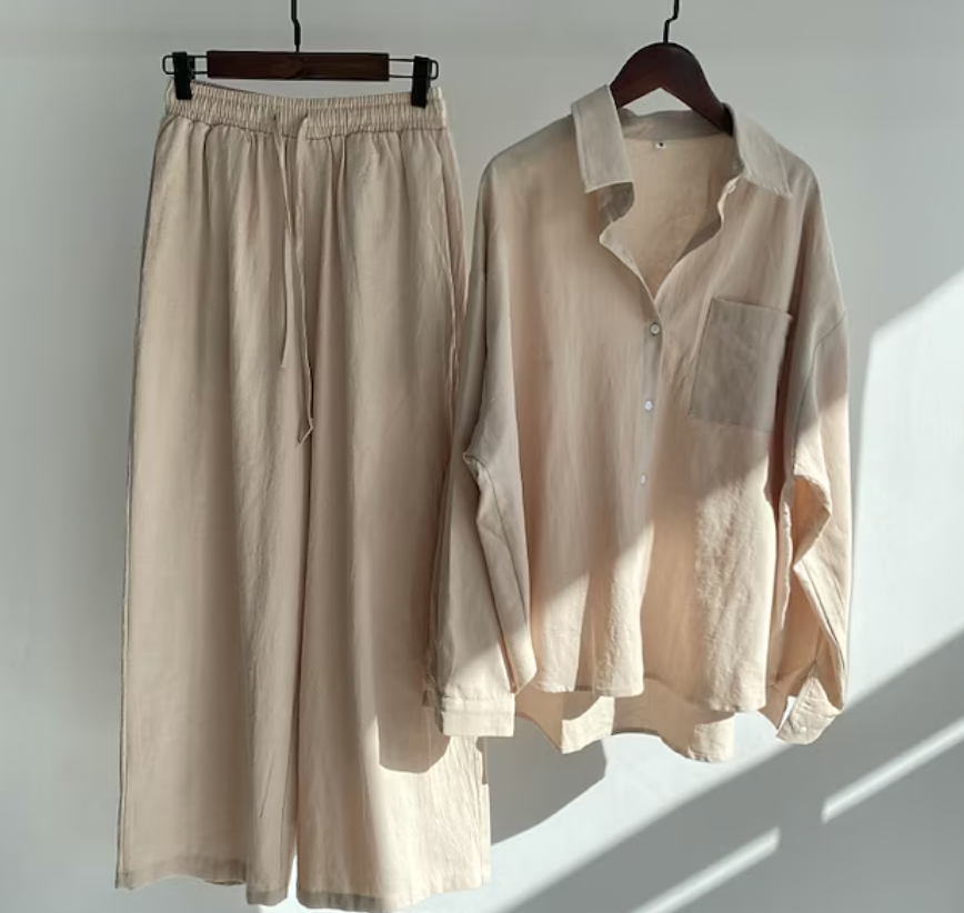 Dames Linnenmix Set met Oversized Overhemd en Wijde Broek