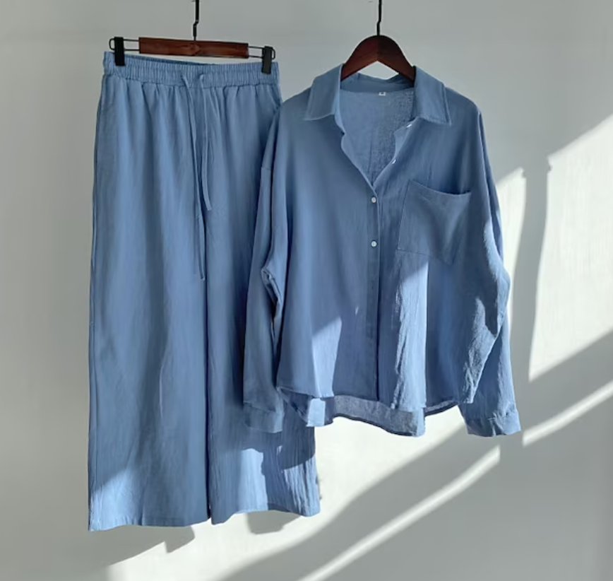 Dames Linnenmix Set met Oversized Overhemd en Wijde Broek