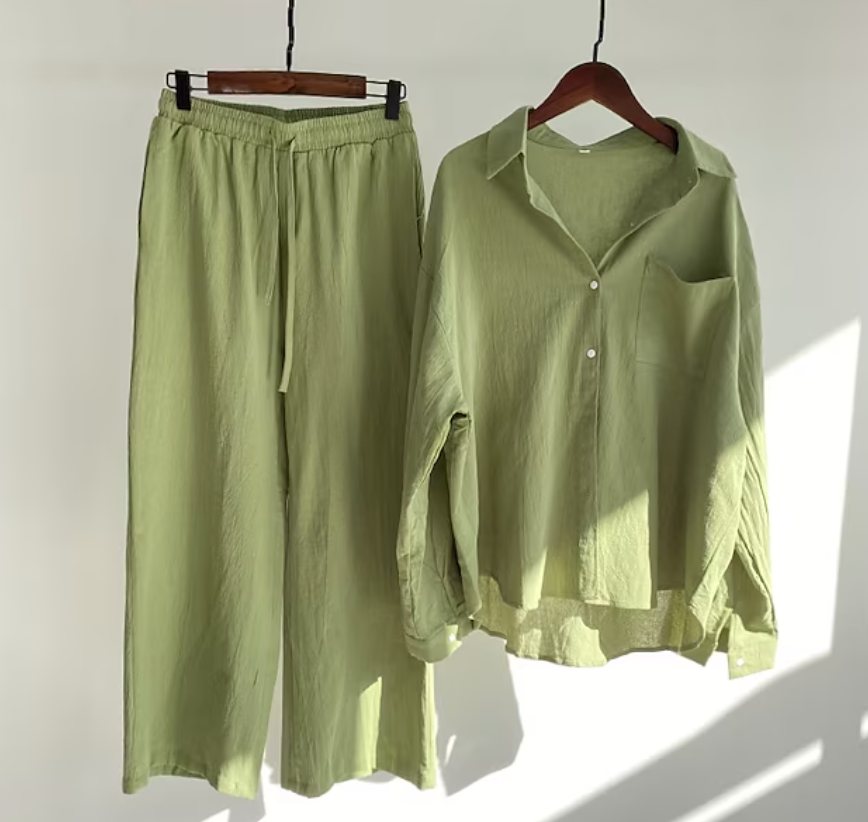 Dames Linnenmix Set met Oversized Overhemd en Wijde Broek