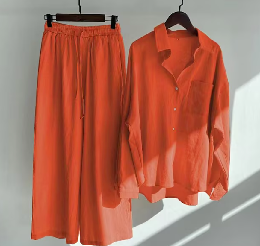 Dames Linnenmix Set met Oversized Overhemd en Wijde Broek