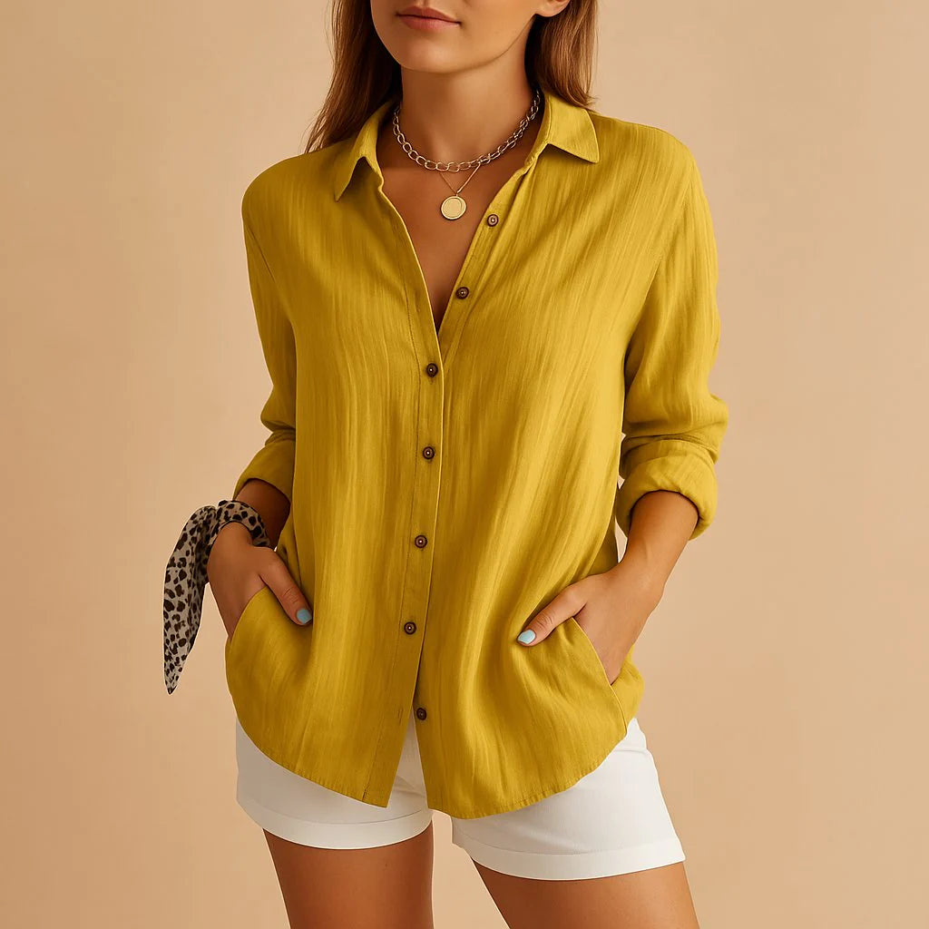 Dames Linnenmix Zomerblouse met Reverskraag en Knoopsluiting