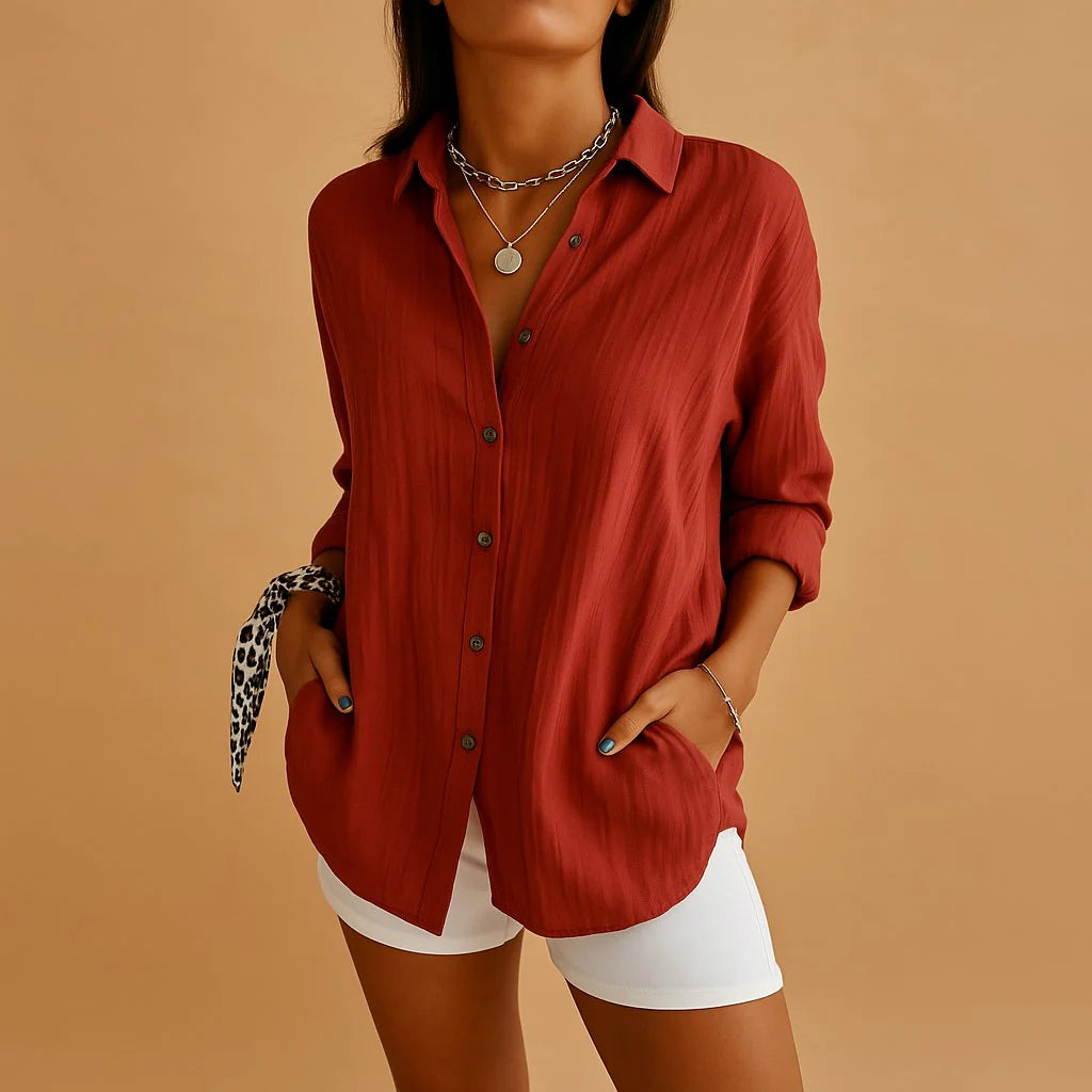 Dames Linnenmix Zomerblouse met Reverskraag en Knoopsluiting