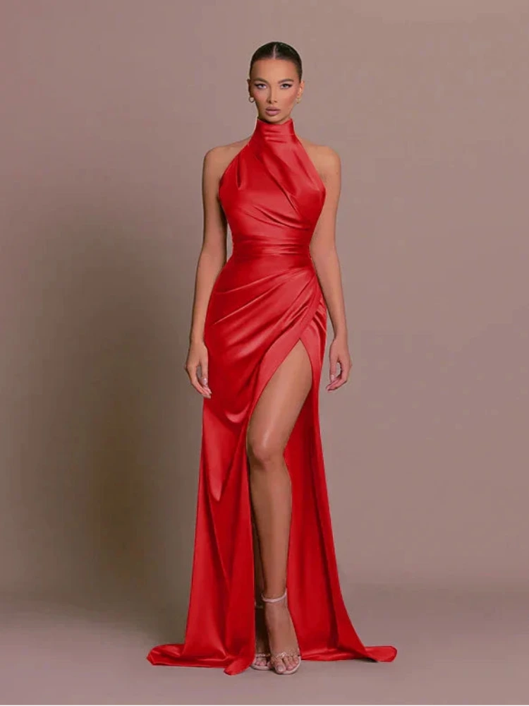 Dames Maxi Avondjurk met Satijnlook en Zijsplit