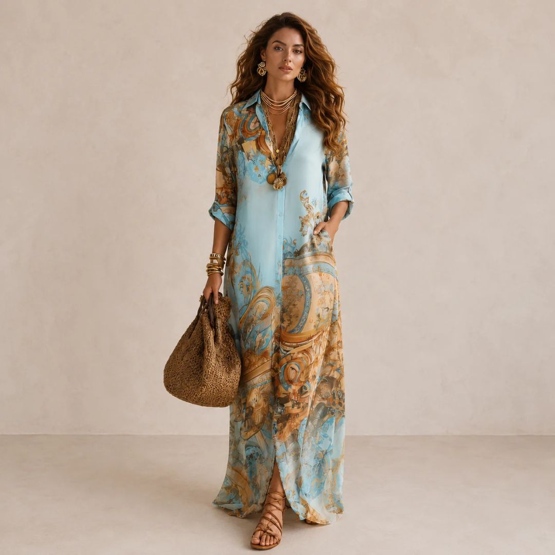 Dames Maxi Shirtjurk met Overhemdkraag en Knoopsluiting