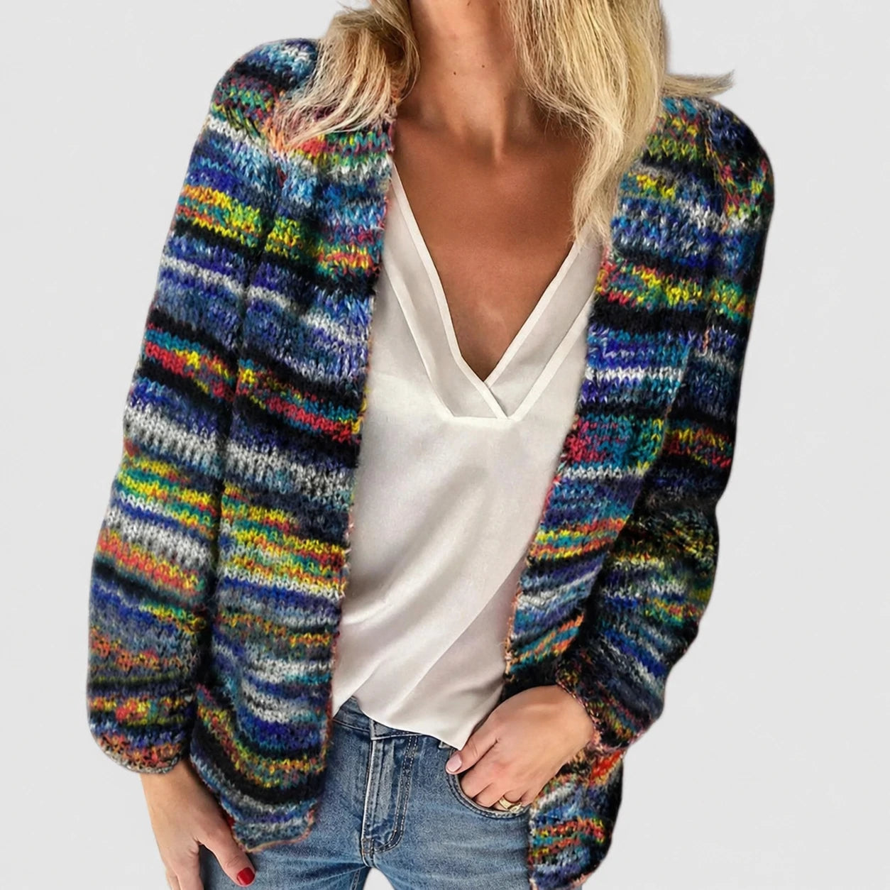 Dames Meerkleurige Gebreide Cardigan met Lange Mouwen