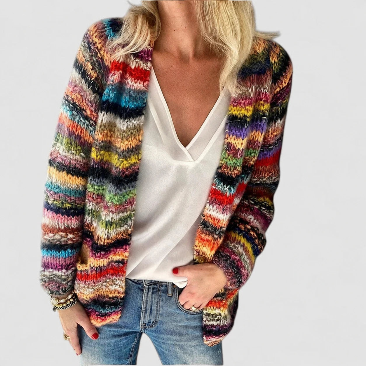 Dames Meerkleurige Gebreide Cardigan met Lange Mouwen