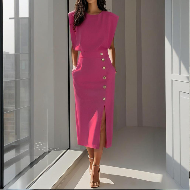 Dames Midi Jurk met Split en Knoopdetail