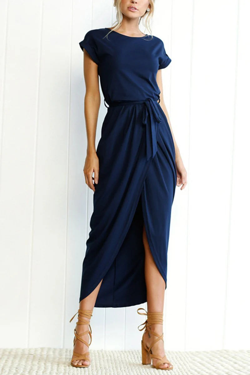Dames Midi Zomerjurk met Korte Mouwen en Strikdetail