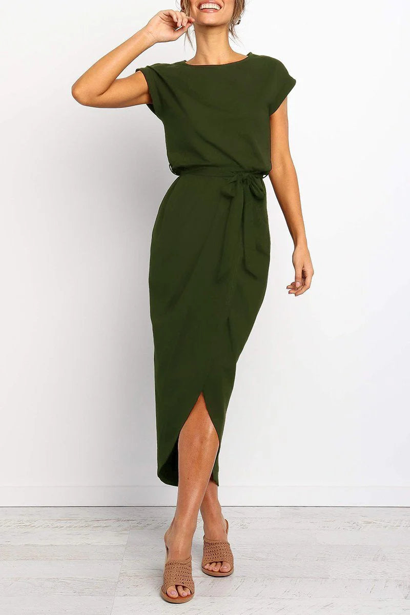 Dames Midi Zomerjurk met Korte Mouwen en Strikdetail