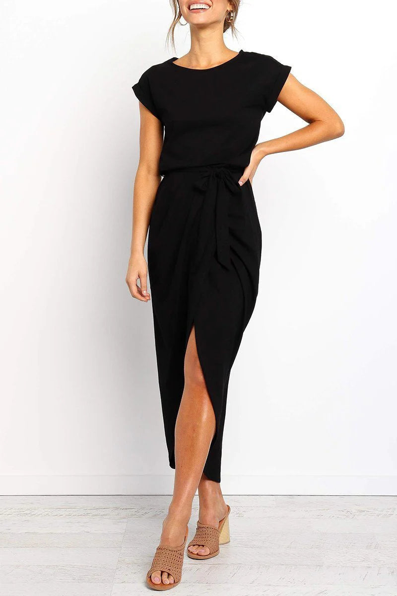Dames Midi Zomerjurk met Korte Mouwen en Strikdetail