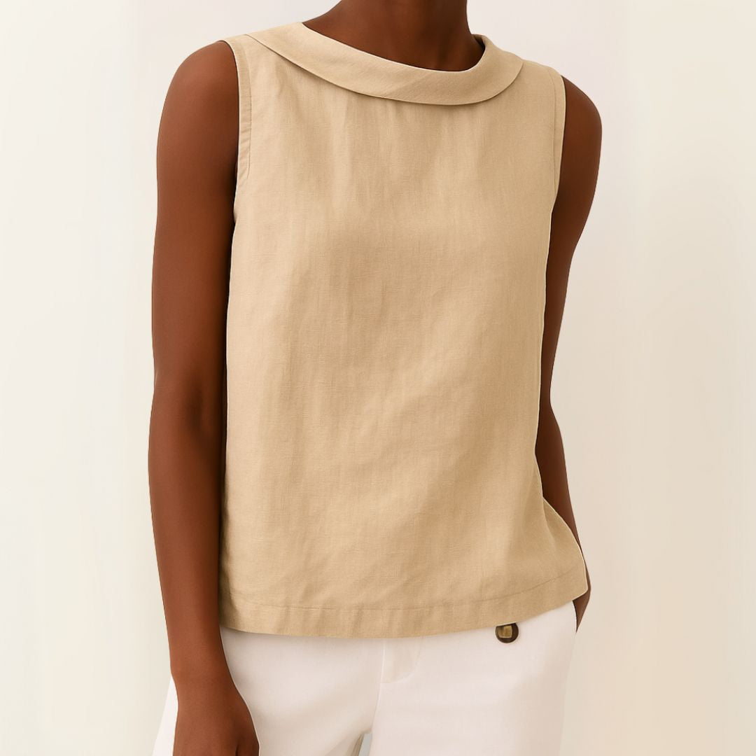 Dames Mouwloze Linnenmix Zomerblouse met Rolkraag