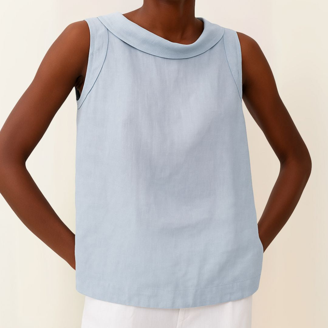 Dames Mouwloze Linnenmix Zomerblouse met Rolkraag