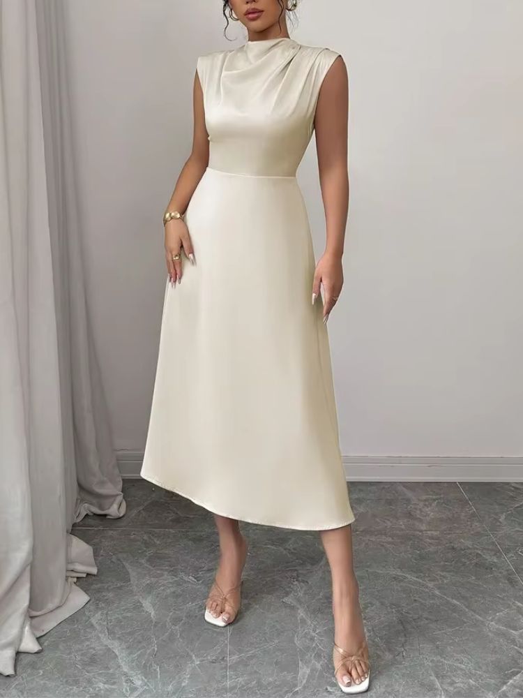 Dames Mouwloze Satijnlook Midi Jurk met Cowl Hals