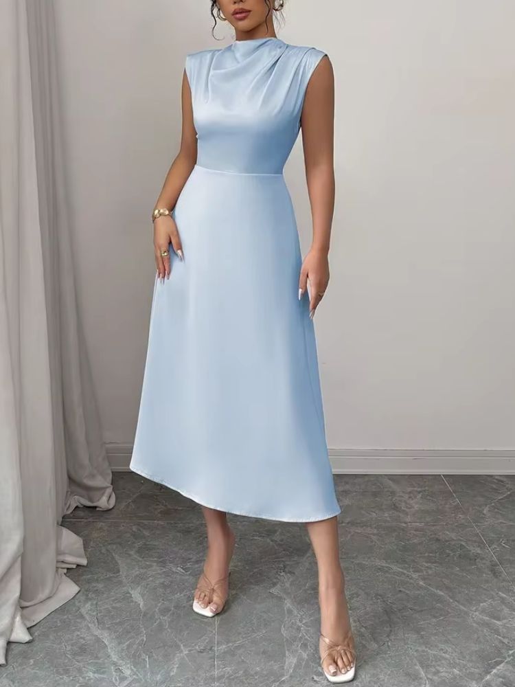 Dames Mouwloze Satijnlook Midi Jurk met Cowl Hals