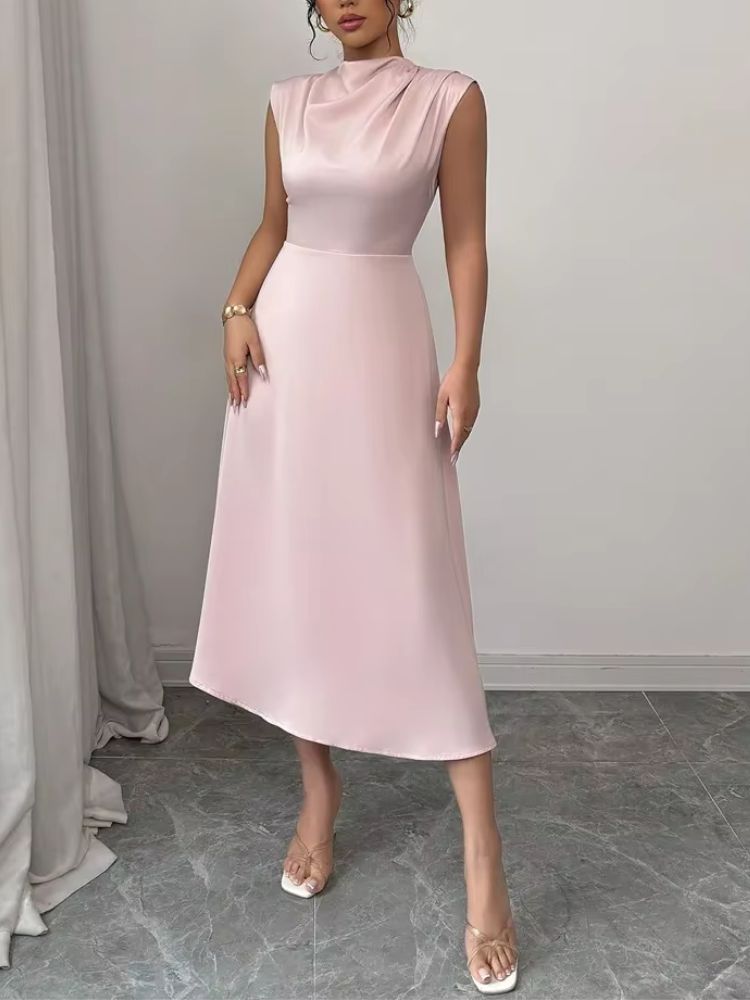 Dames Mouwloze Satijnlook Midi Jurk met Cowl Hals