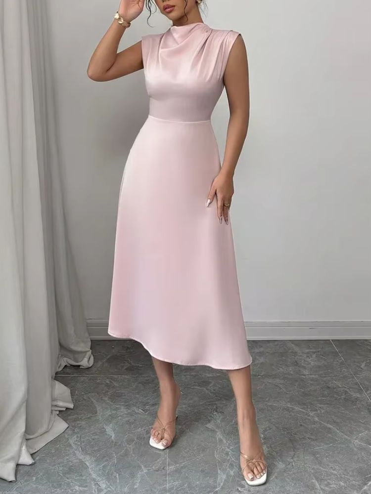 Dames Mouwloze Satijnlook Midi Jurk met Cowl Hals