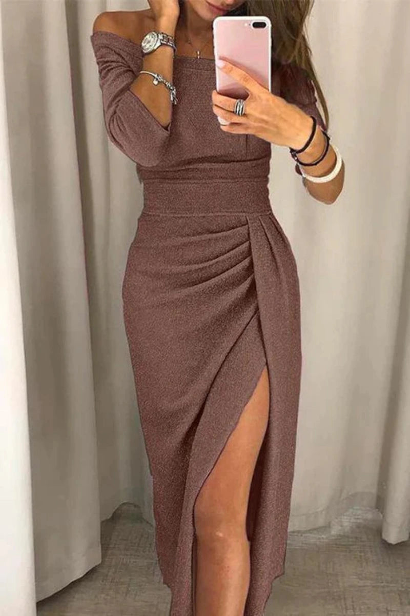 Dames Off-Shoulder Galajurk met Lange Mouwen en Split