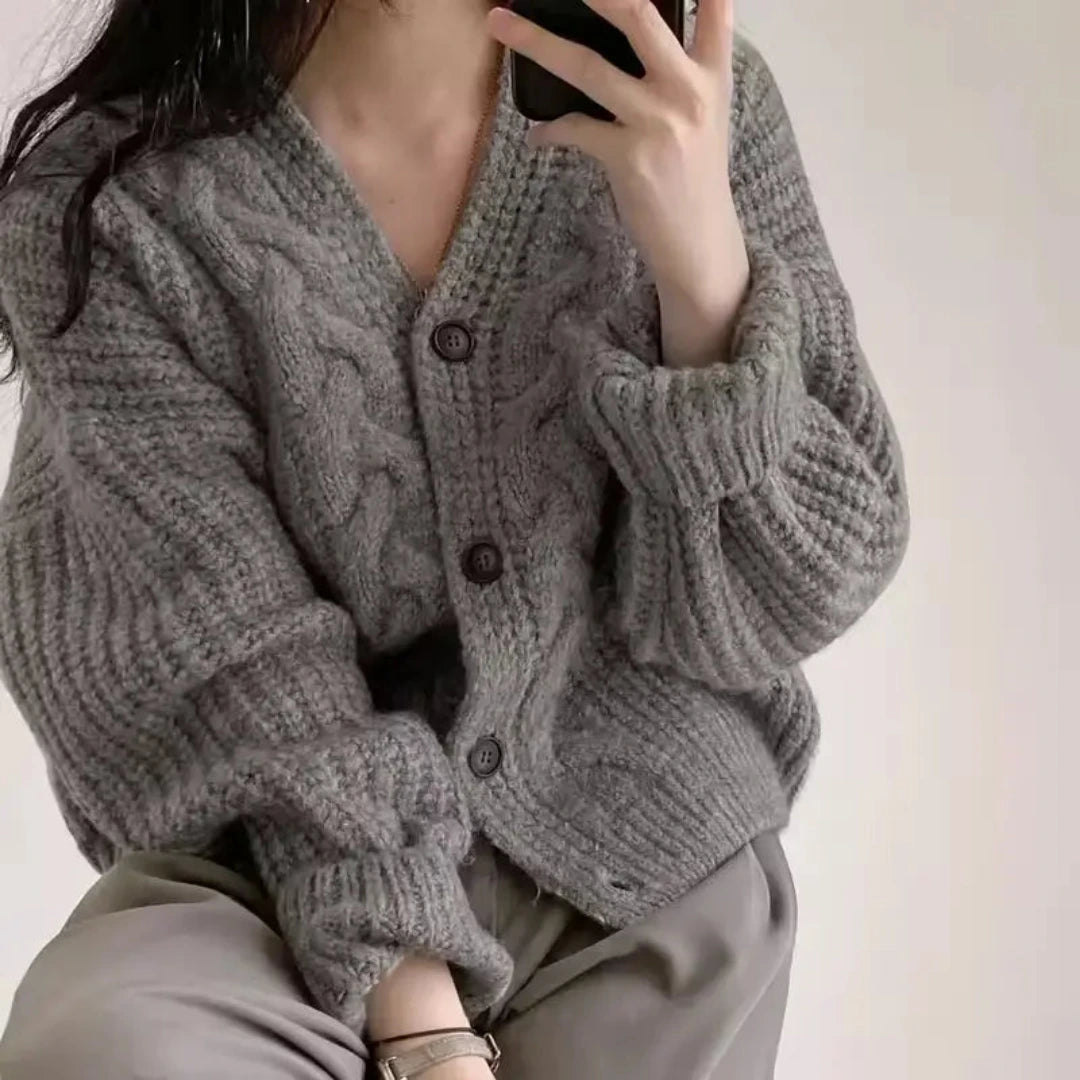 Dames Oversized Gebreid Vest met Kabelpatroon en Knoopsluiting
