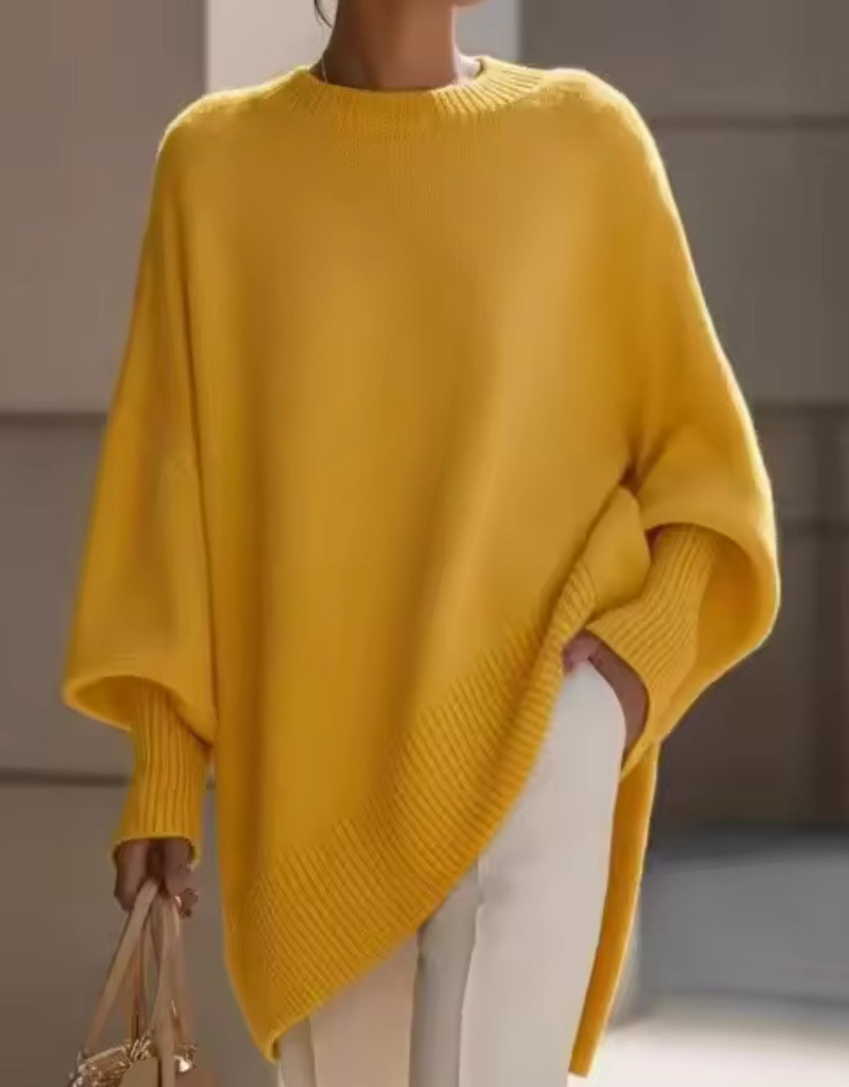 Dames Oversized Gebreide Trui met Asymmetrische Zoom en Ronde Hals