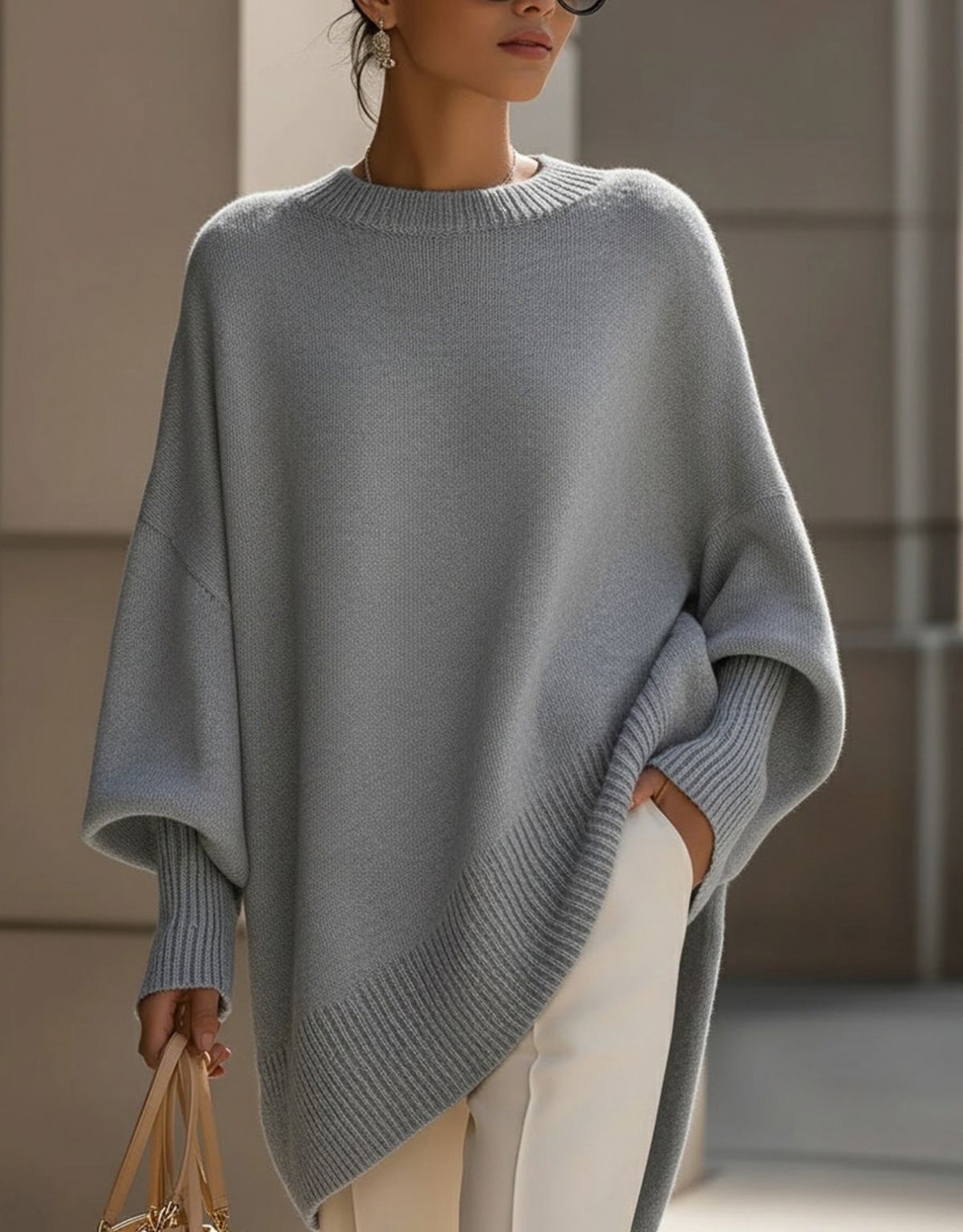 Dames Oversized Gebreide Trui met Asymmetrische Zoom en Ronde Hals