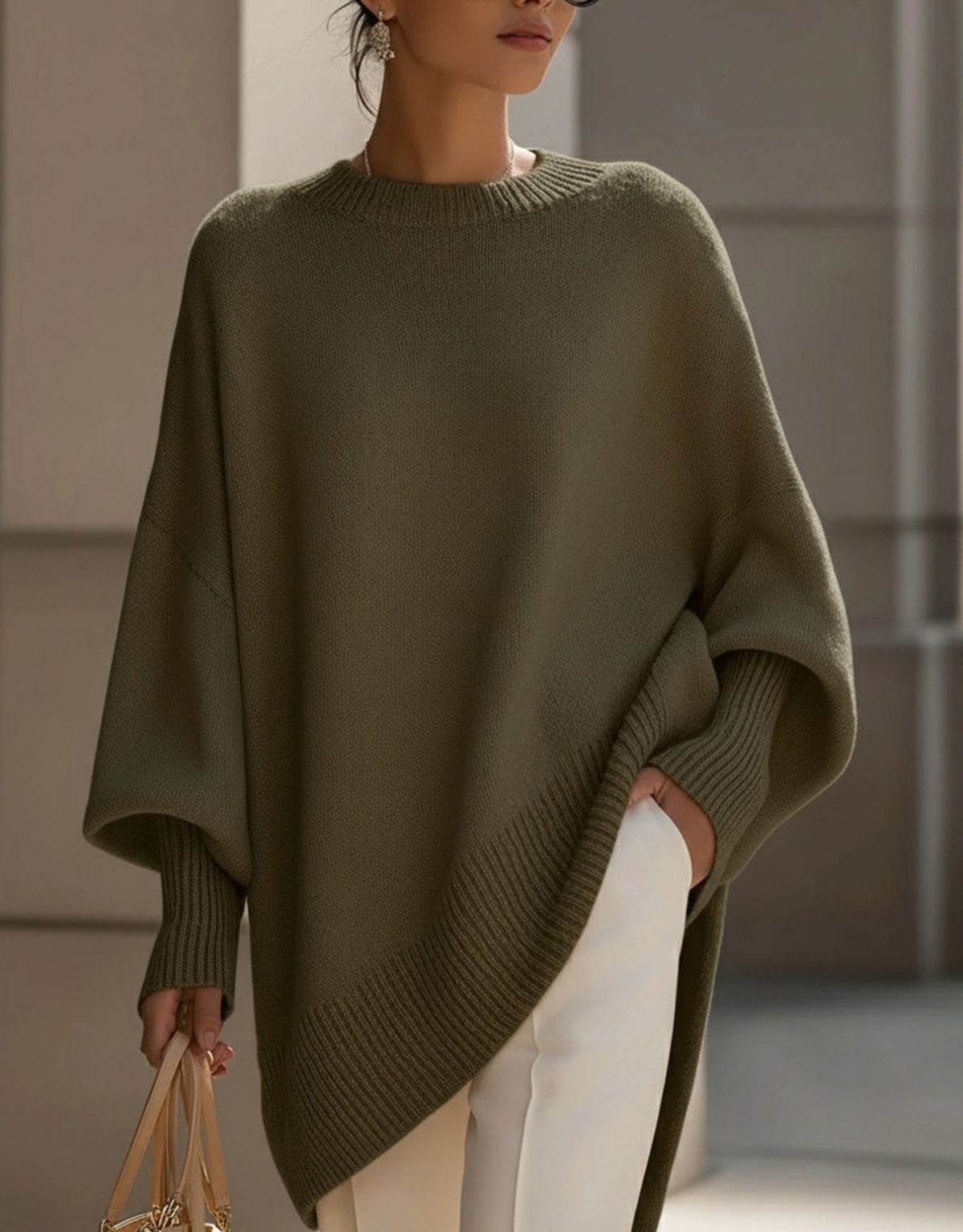 Dames Oversized Gebreide Trui met Asymmetrische Zoom en Ronde Hals