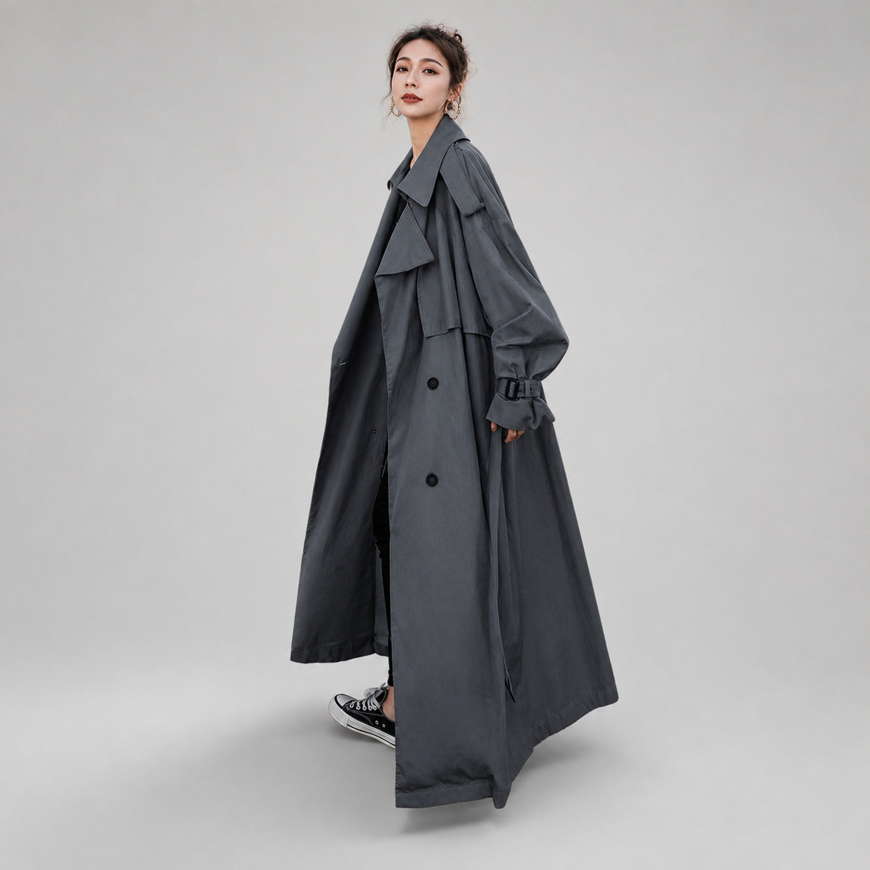 Dames Oversized Lange Trenchcoat met Strikceintuur en Reverskraag