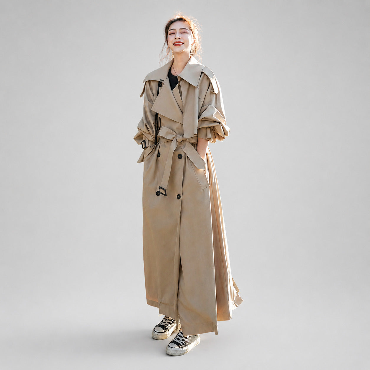 Dames Oversized Lange Trenchcoat met Strikceintuur en Reverskraag