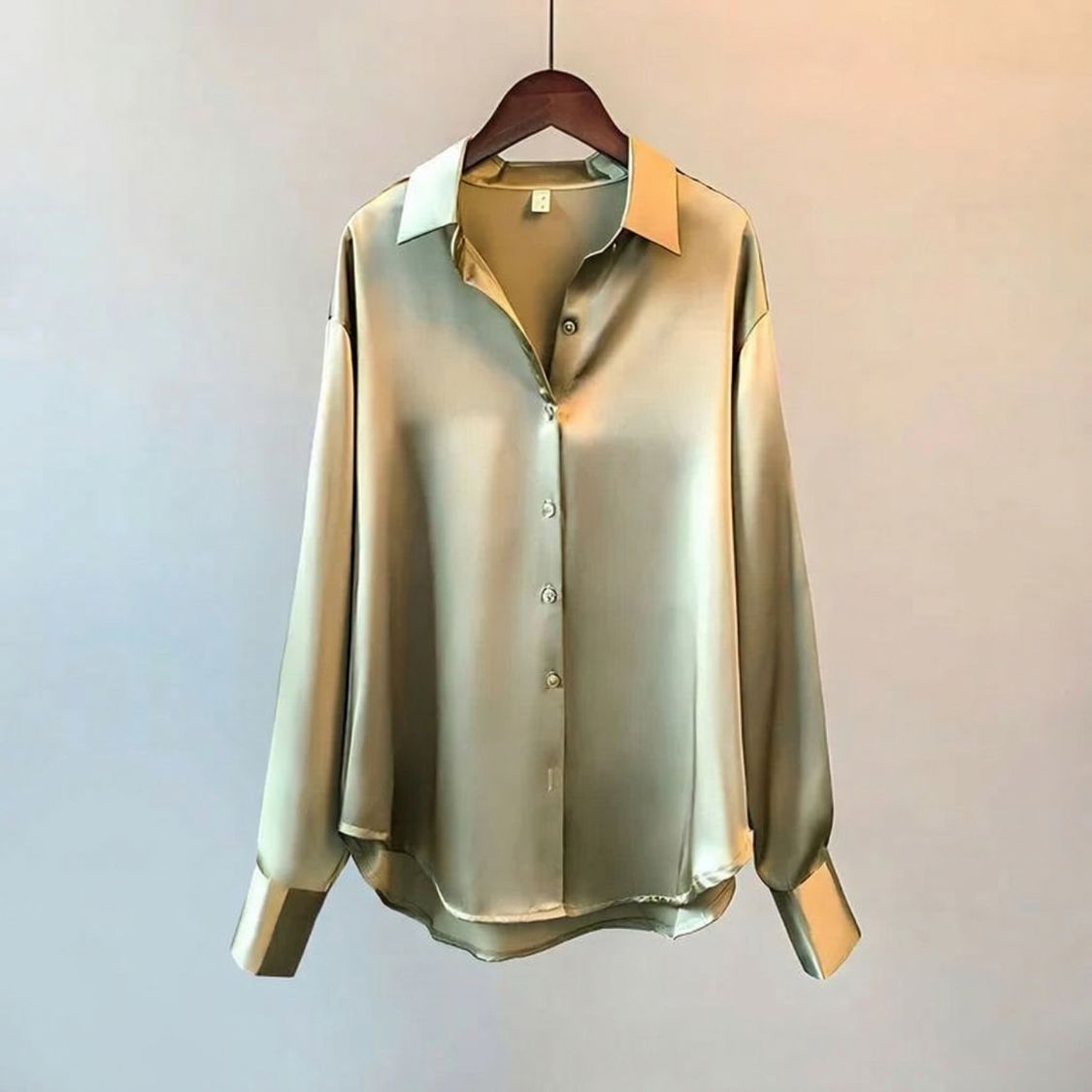 Dames Satijnlook Blouse met Knoopsluiting en Lange Mouwen