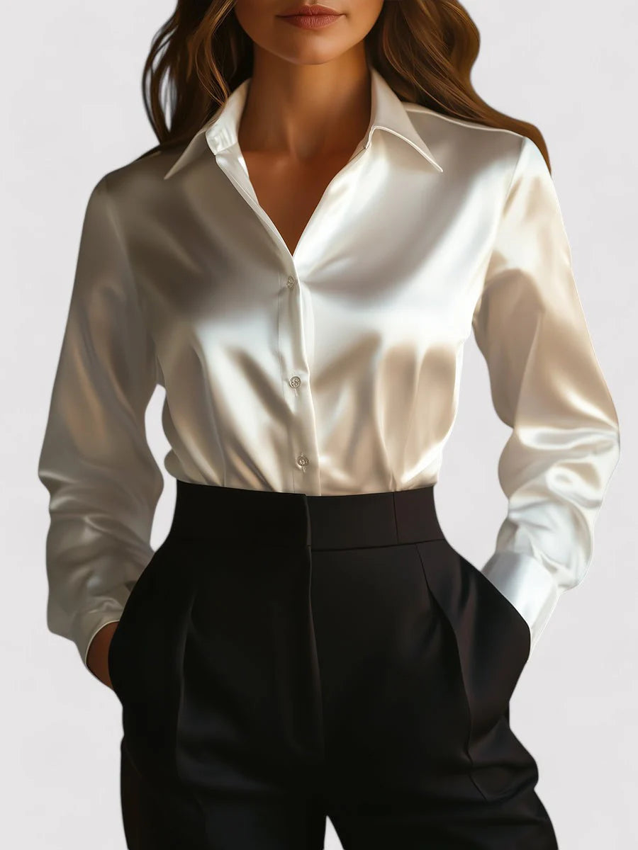 Dames Satijnlook Blouse met V-hals en Lange Mouwen