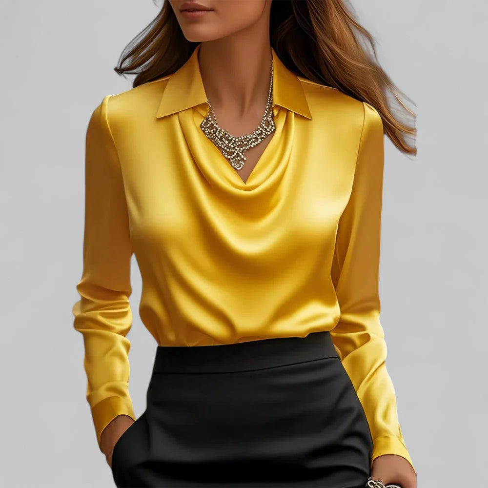 Dames Satijnlook Blouse met Waterval Hals en Lange Mouwen