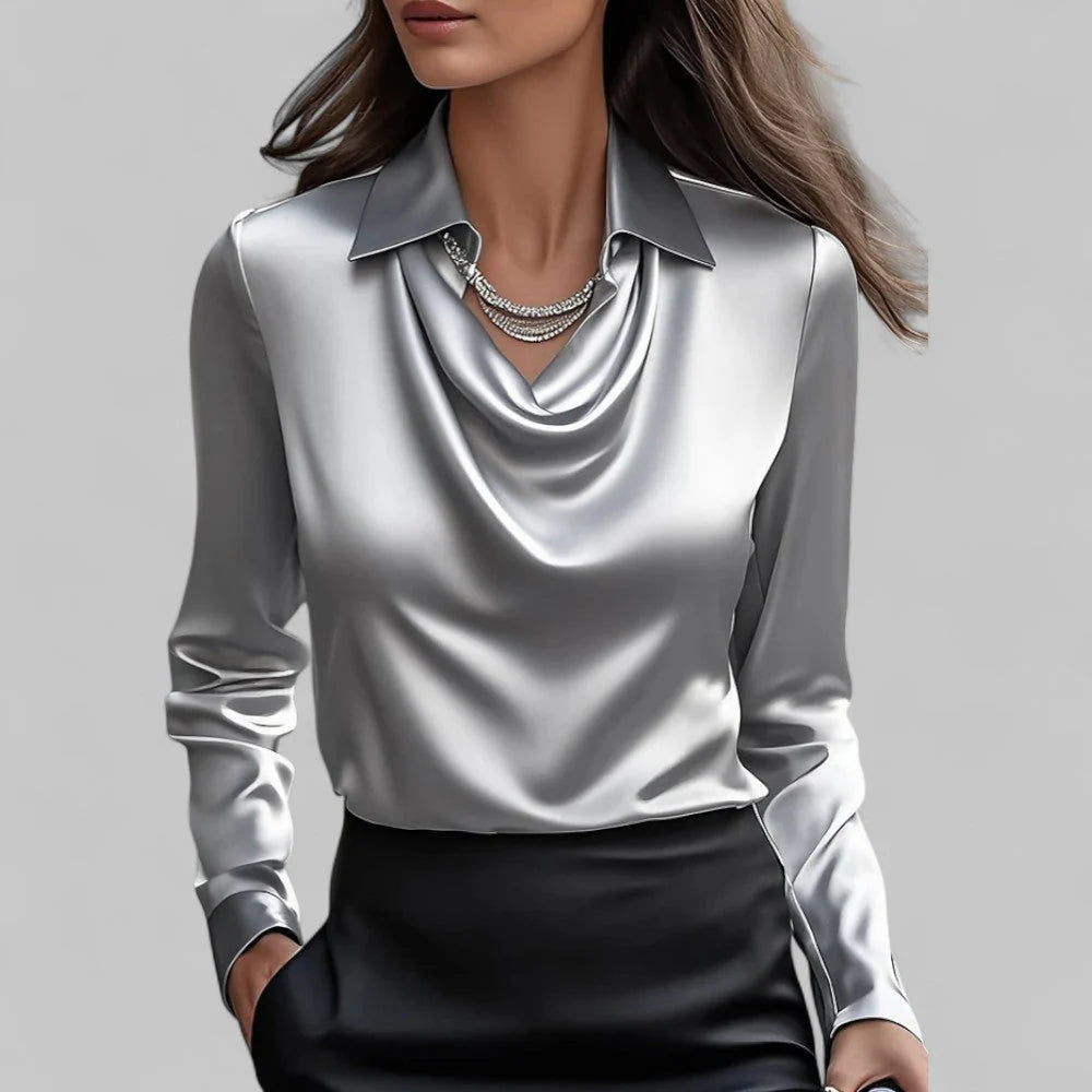 Dames Satijnlook Blouse met Waterval Hals en Lange Mouwen