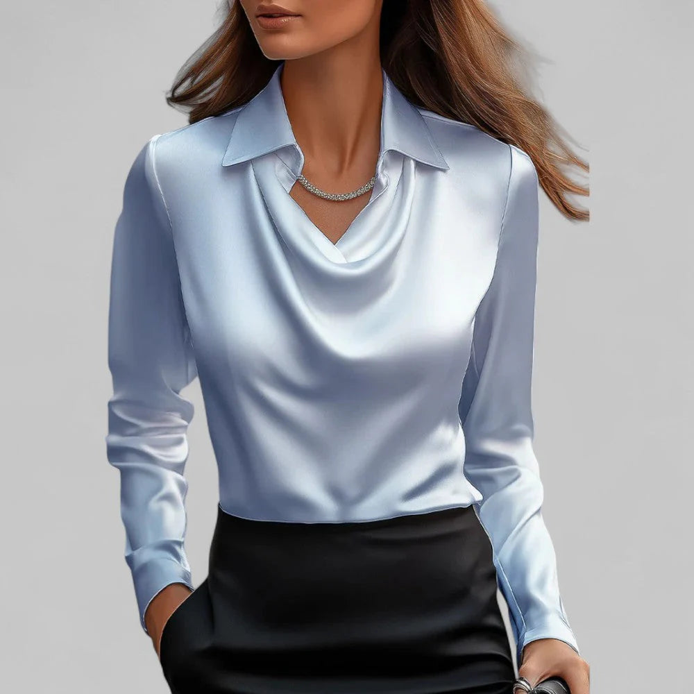 Dames Satijnlook Blouse met Waterval Hals en Lange Mouwen