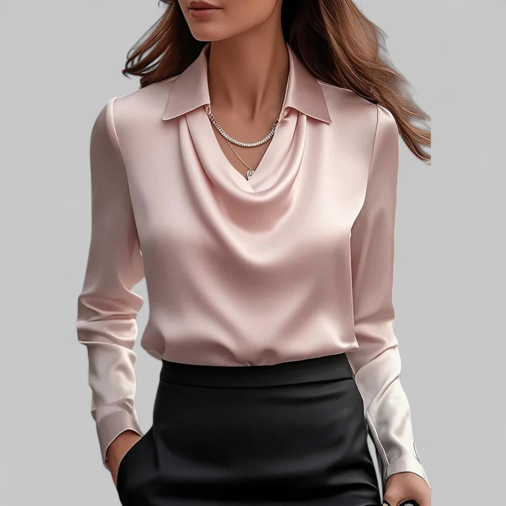 Dames Satijnlook Blouse met Waterval Hals en Lange Mouwen