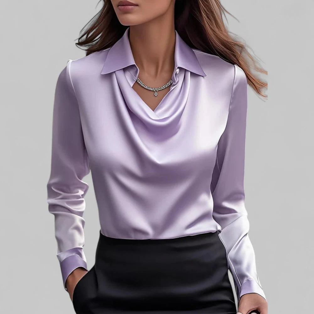Dames Satijnlook Blouse met Waterval Hals en Lange Mouwen